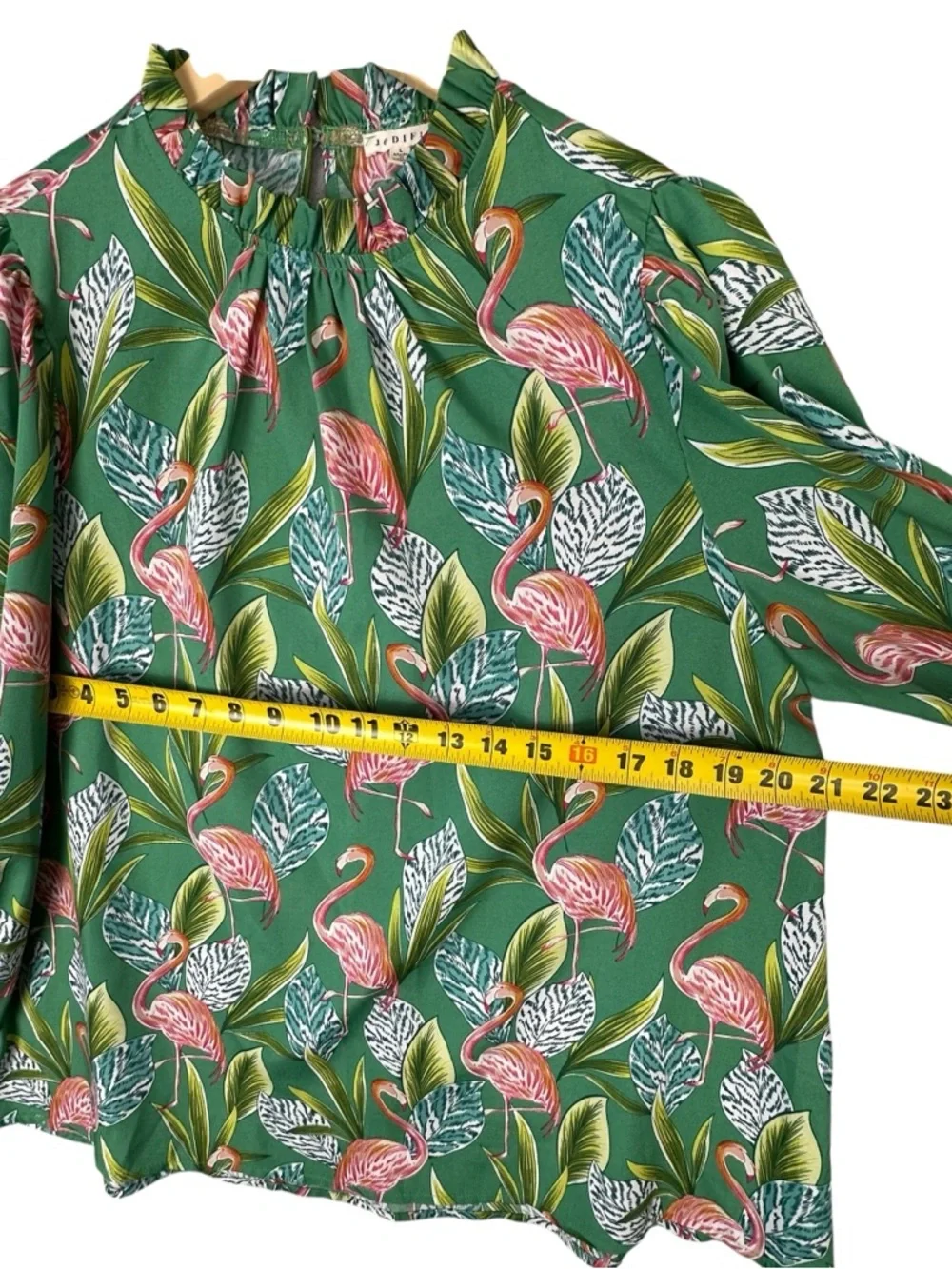 JODIFL Green Blouse with Pink Flamingo Print - Picture 6 of 7